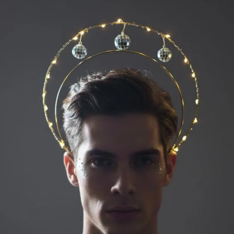 

Double Layer LED Disco Ball Halo Headband, Virgin Mary Glowing Mirror Ball Hair Hoop, Light Up Headpiece for Night Photoshoot