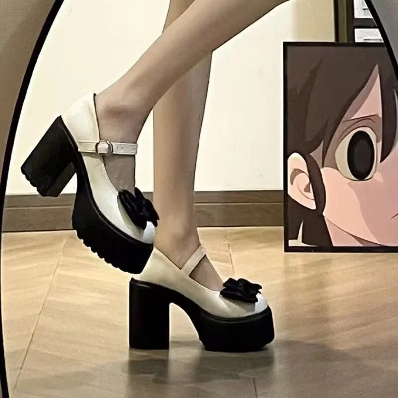 Spring Thick Heels Platform Janes Women Sweet Lovely Ankle Strap Lolita Shoes Woman Patent Leather Bow tie High Pumps