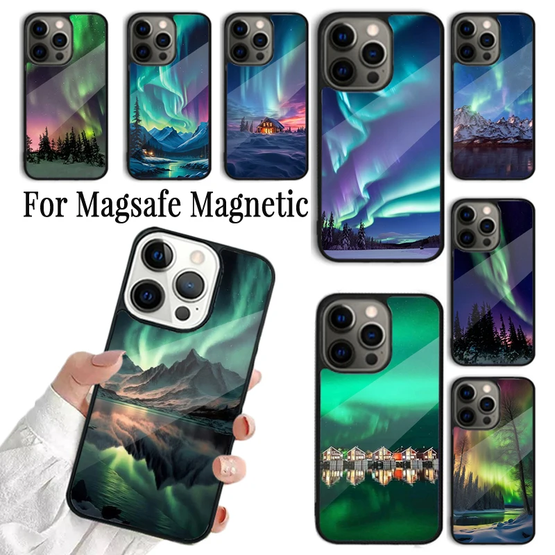 Coque Phone Case For iPhone 16 15 14 13 12 Mini 11 Pro Max Plus Magsafe Magnetic Wireless Charging Cover Northern Lights