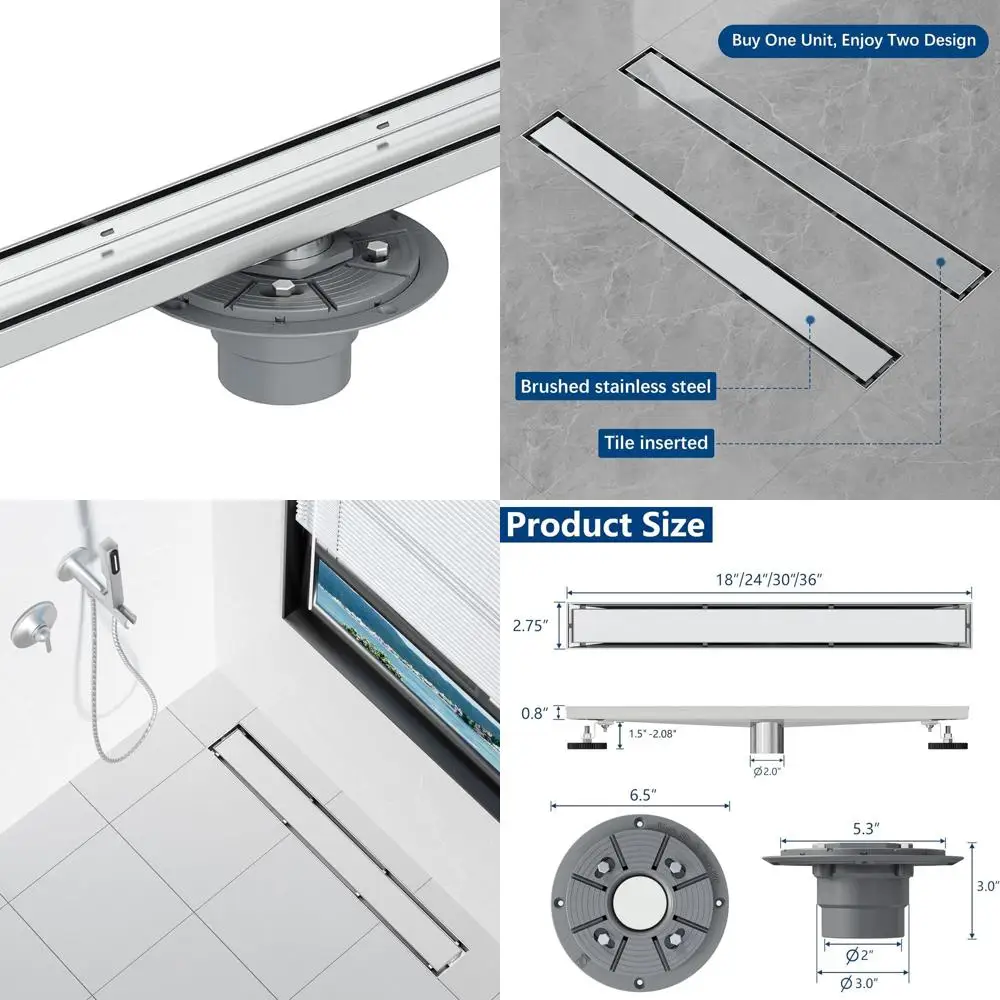 

Stainless Steel 36 Brushed Shower Drain with Flat and Tile Insert, Hair Catcher Included