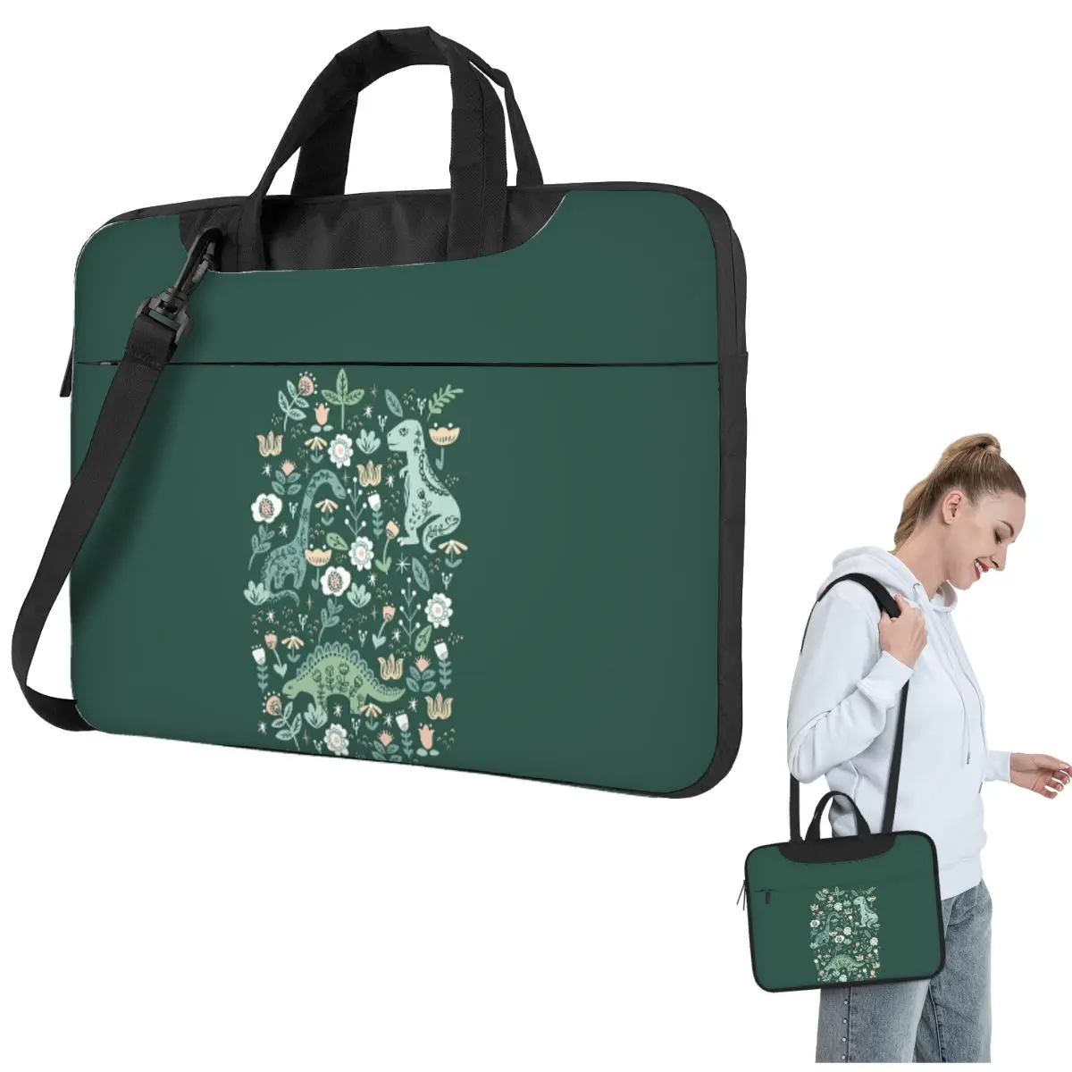 

Folk Floral Dinosaur Crossbody Laptop Bag Case Computer Bag 13 14 15.6 Inch Notebook Pouch for Lenovo