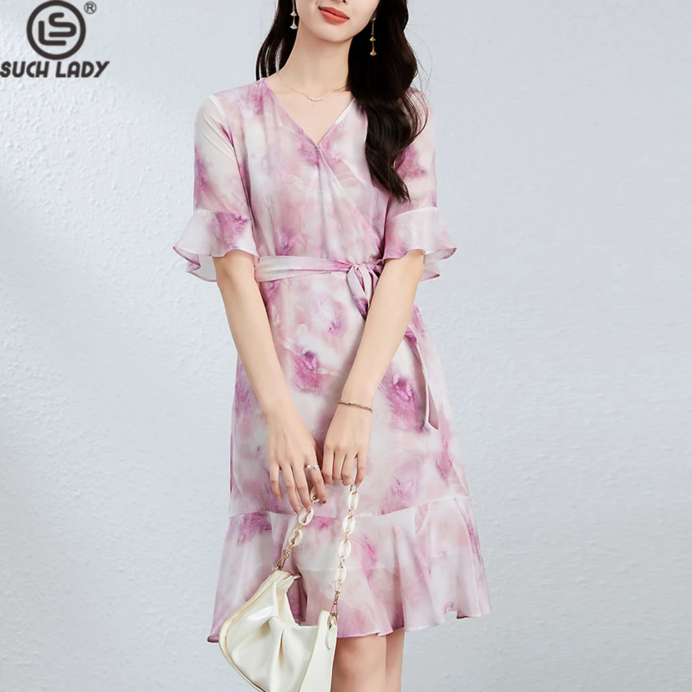 

100% Silk Women's Dresses Sexy V Neck Short Sleeves Printed Ruffles Elegant FashionMini Vestidos