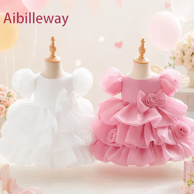 Toddler Girls Bubble Short Sleeve Gown Children Handmade Rose Flower Formal Dress Infant Baptism Wedding Birthday Party Outfit