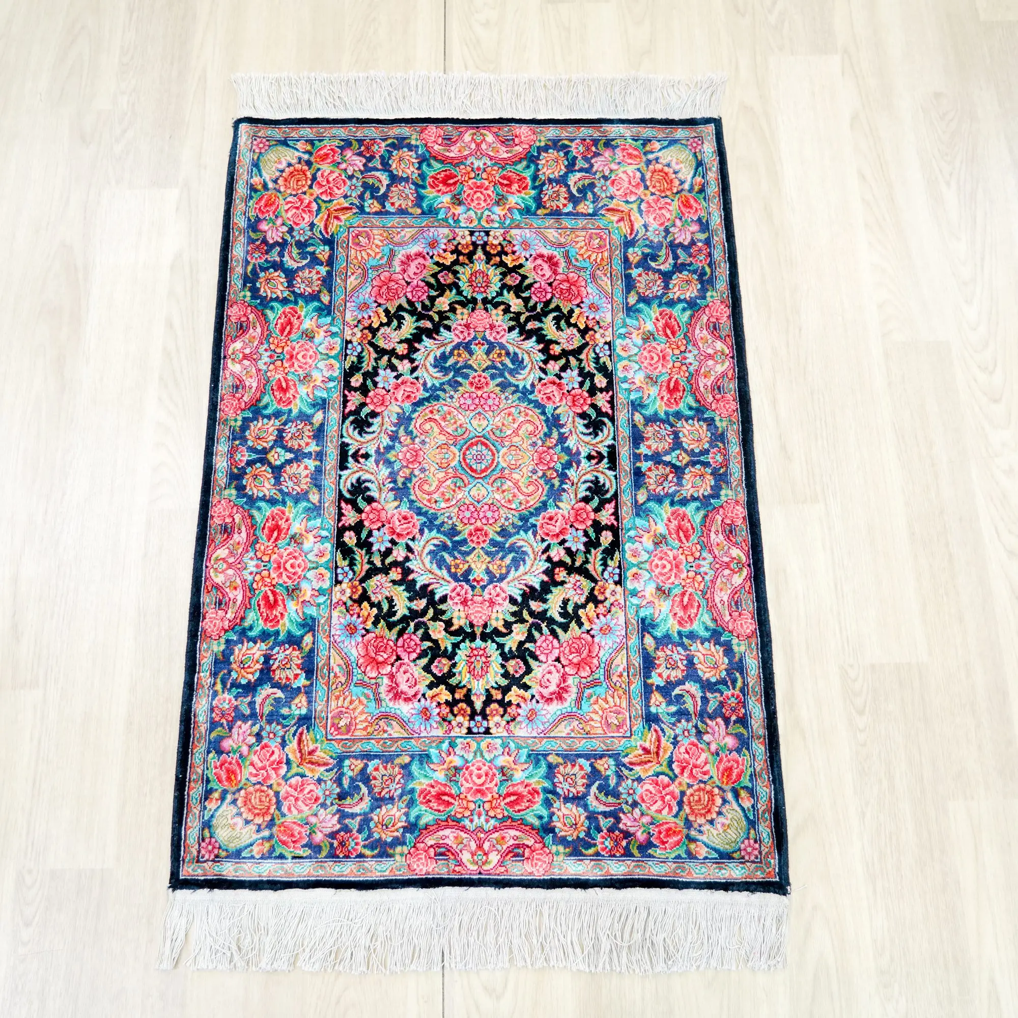 61x91cm Tabriz Silk Carpet Blue Handmade Exquisite Persian Rugs (ZSH030A)