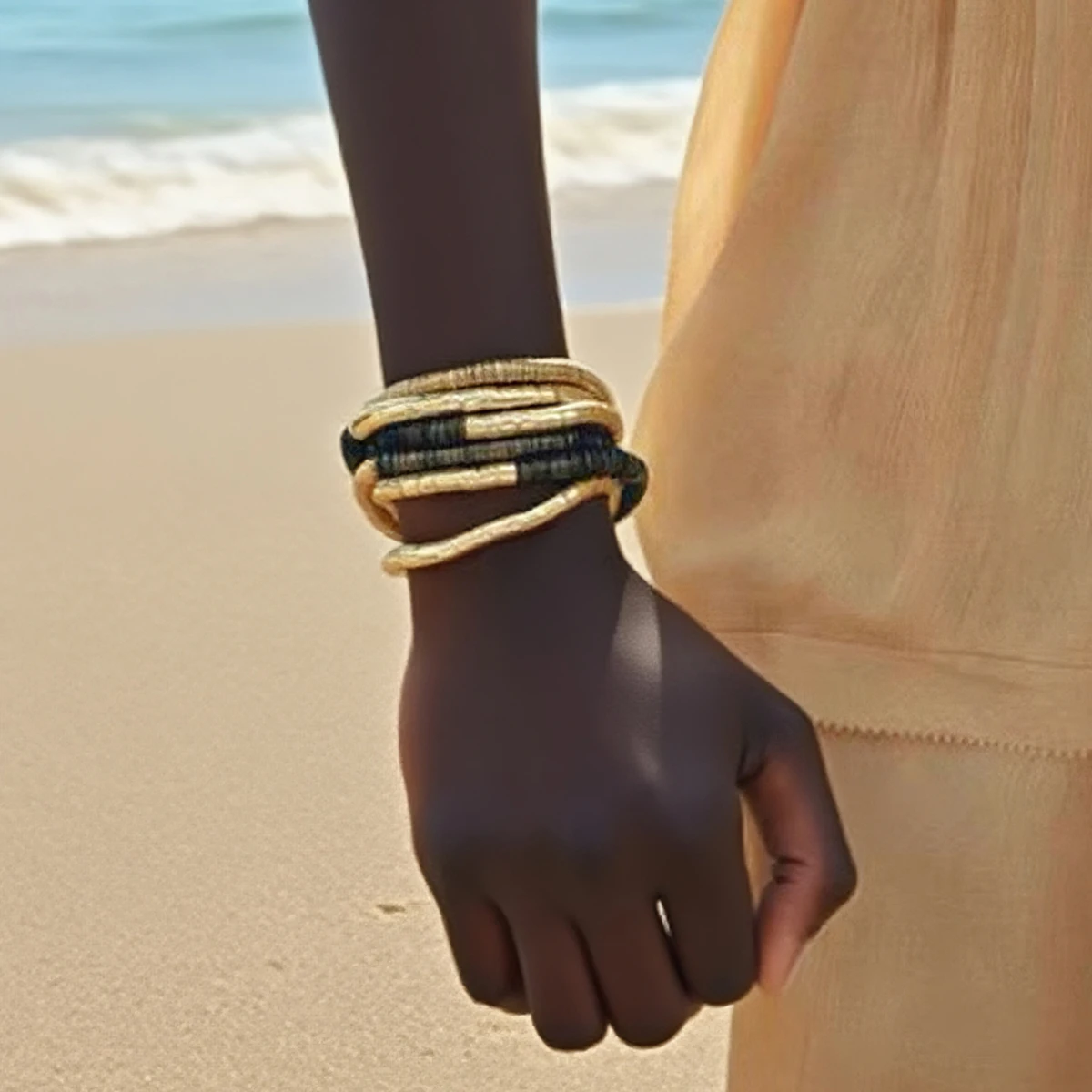 

6 Piece ZAA Metal Section Tubular Wooden Splicing Necklaces Bracelets for Women Holiday Party Jewelry Gifts