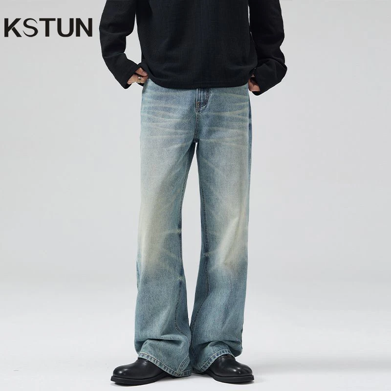 

KSTUN 2025 New Americian Vintage Men's Flare Jeans Loose Boot Cut Straight Jeans Men Denim Flare Pants Streetwear Male Trousers