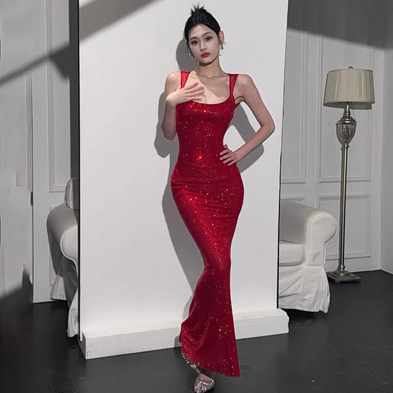 RORORIRI Sexy Sequined Evening Party Dress Square Collar Women Backless Shiny Rhinestone Slim Dresses Party Cocktail Gowns