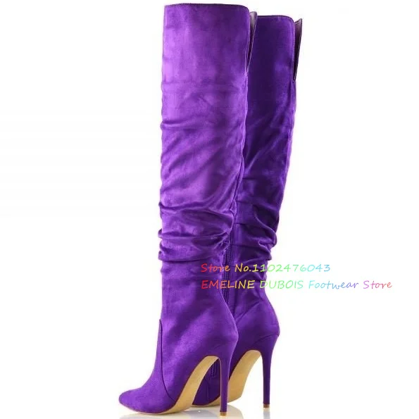 Newest Purple Suede Women Knee High Boots Pointed Toe Thin High Heel Fold Side Zipper Fashion Runway Boot Color Customized