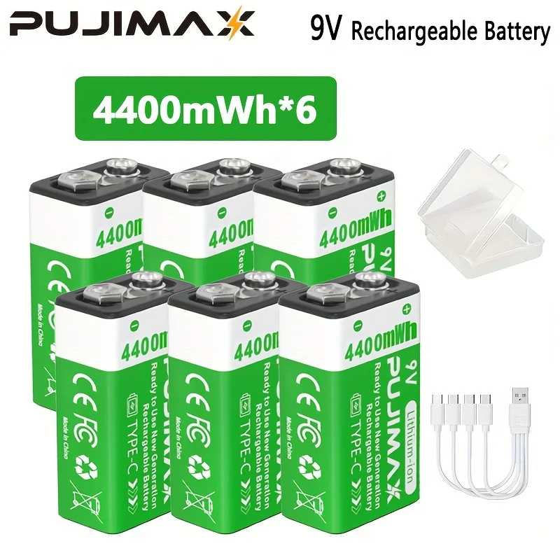 PUJIMAX USB 9V Oplaadbare Batterij 4400mWh Type-C Oplaadbare 6F22 9V Li-ion Batterij Voor RC Helicopeter Model Multimeter Speelgoed