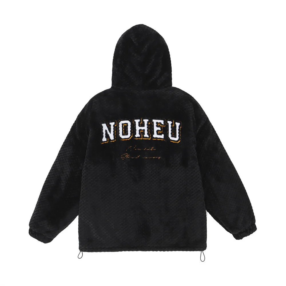 MWJLPWQ Winter Lamb Wool Hooded Jacket For Men American Trendy Letter Embroidery Drawstring Hem Loose Fit Cotton Coats 20551