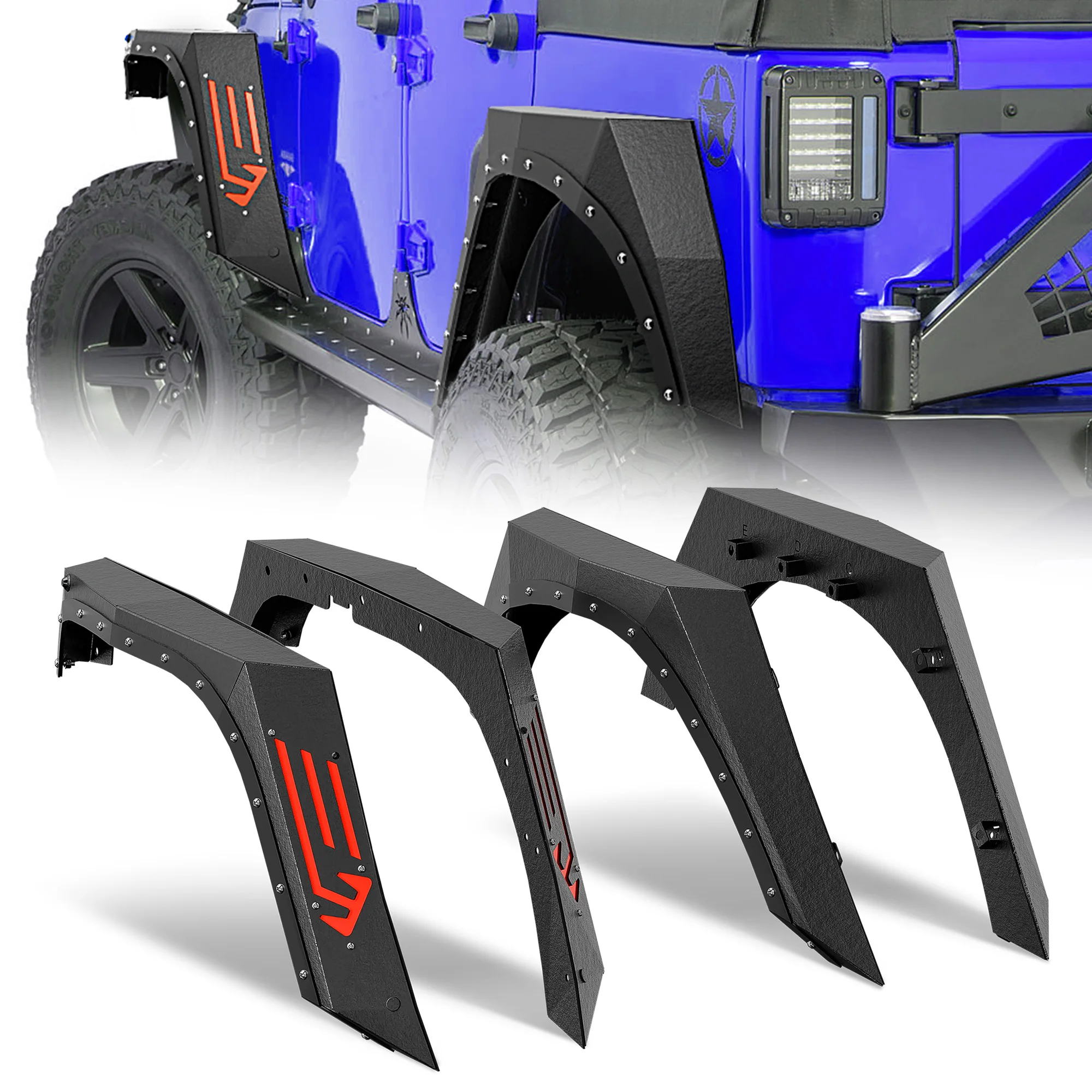 

4PCS Heavy Duty Steel Mud Guard Front & Rear Fender Flares Kit Compatible for 2007-2018 Jeep Wrangler JK JKU Unlimited Off-Road