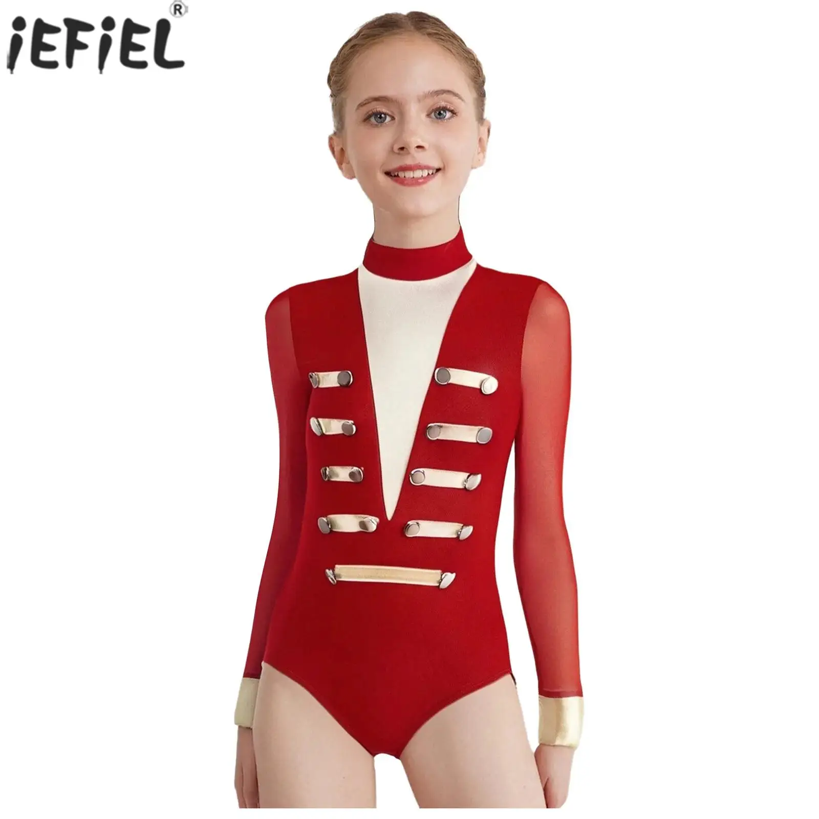 Kids Girls Figure Skating Gymnastics Leotard Sheer Mesh Long Sleeves Metallic Stripes Bodysuit Jazz Tango Performance Costume