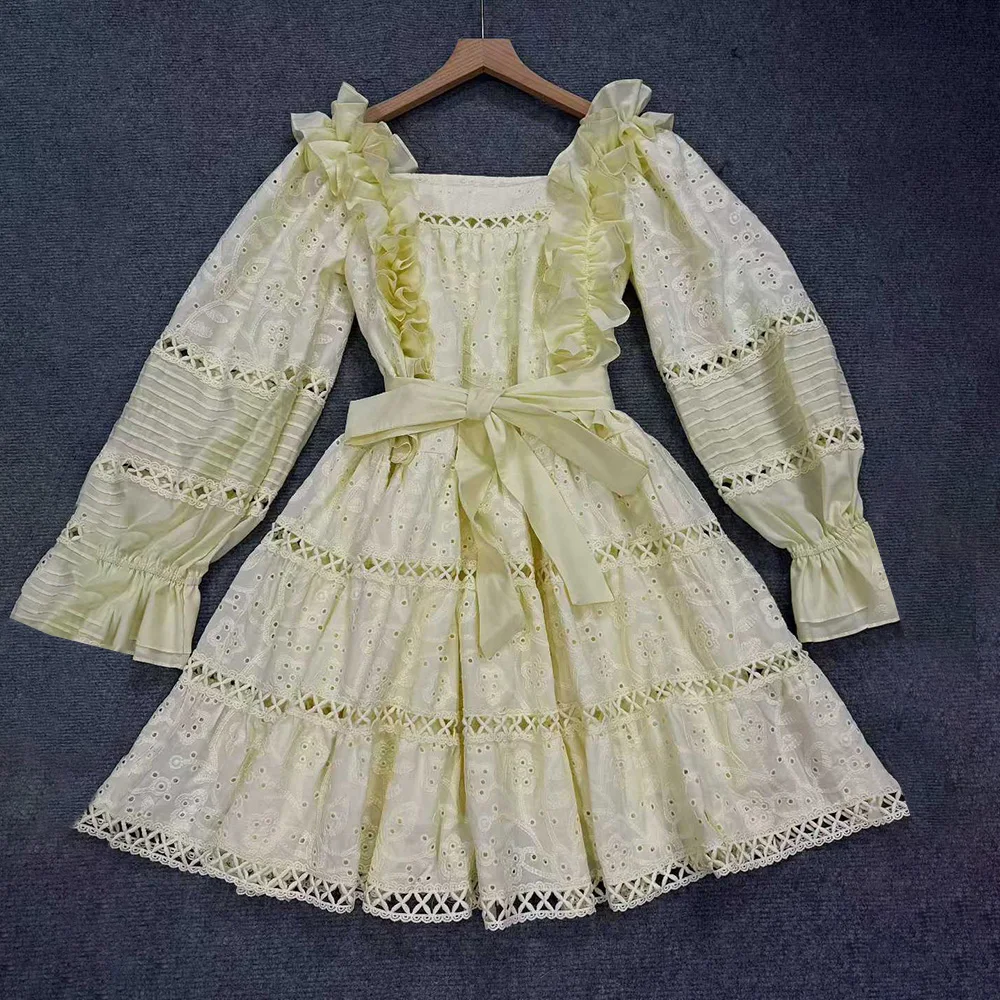 TWOTWINSTYLE White Embroidered Lace Mini Dresses for Women Puff Sleeve Belted Waist Tiered Skirt for Art Exhibitions KDR560478