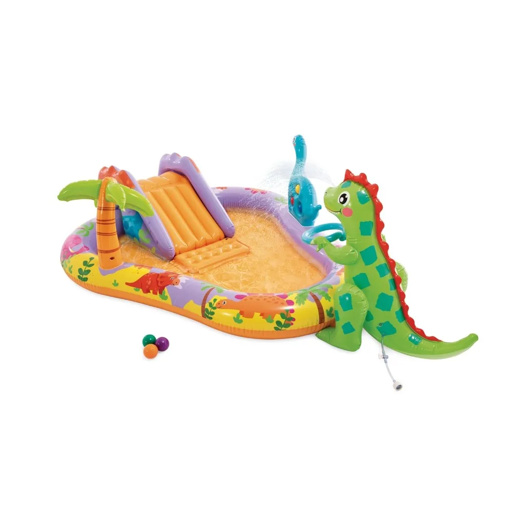 

Dino Park Inflatable Kiddie Pool: Inflatable Pool with Water Sprayer and Slide, Splash Pad, 79" x 62" x 27", Customized