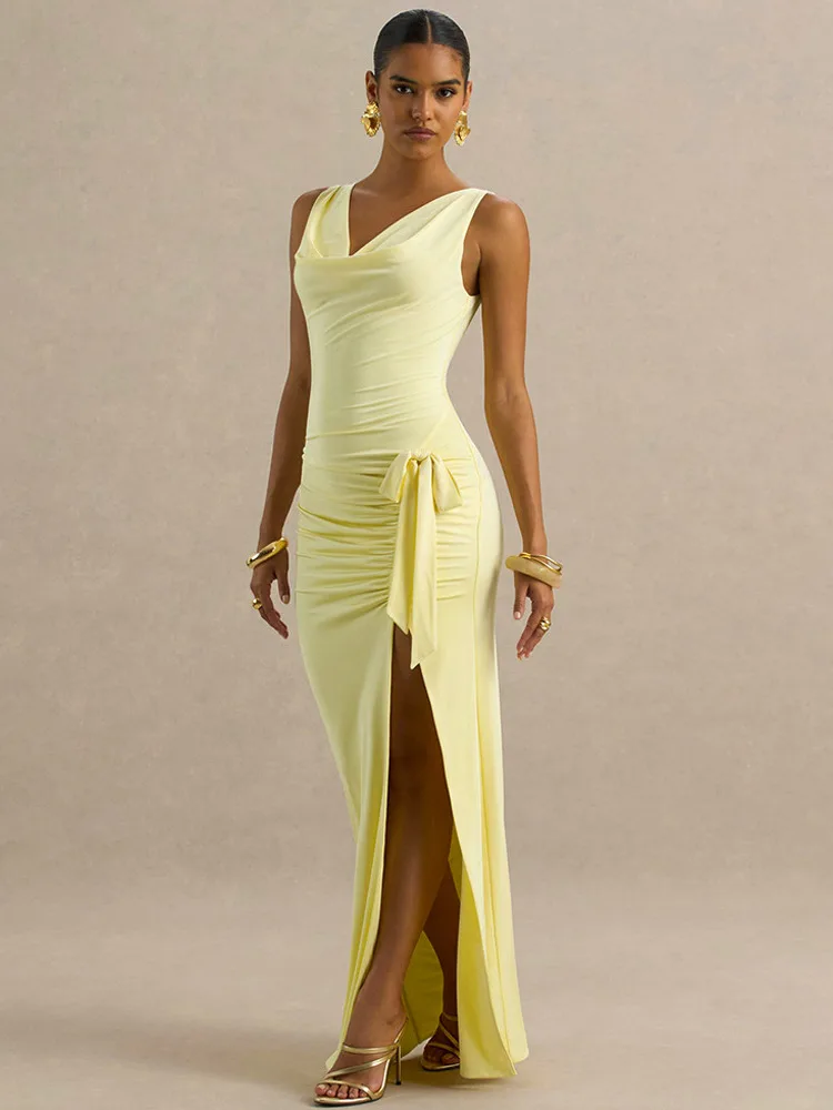 Absobe Women's Swing Collar Ruched Slit Maxi Dress Patchwork 3D Flower Sexy Sleeveless Slim Tank Long Dress Elegant Partywear