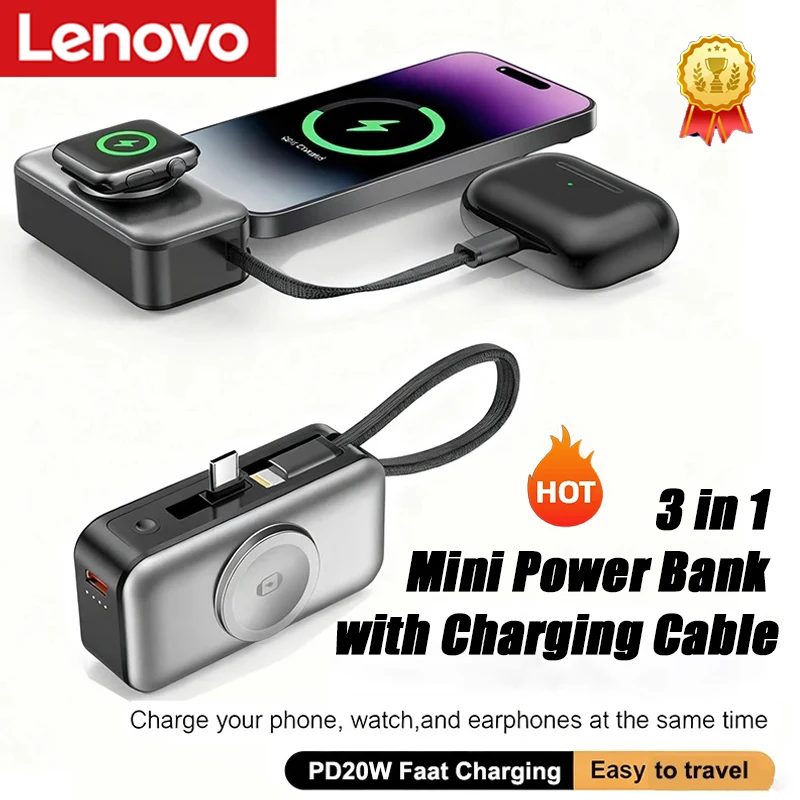 Chargeur sans fil magnétique 3 en 1 Lenovo 5000mAh PD 20W avec support, affichage numérique, portable pour téléphone et écouteurs, nouveau