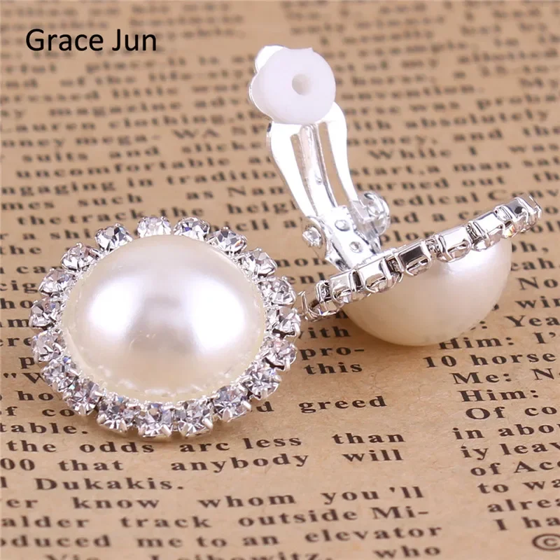 Grace Jun New Design Double Round Shape Rhinestone Clip on Earrings Without Piercing Fashion Simulated Pearl Ear Clip