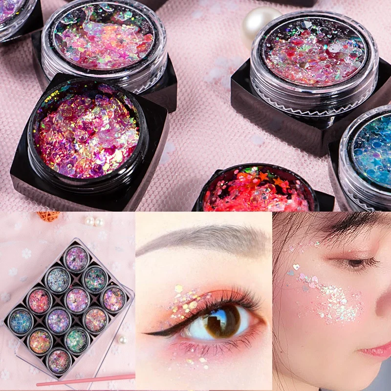 12 Kleuren/Set Zeemeermin Pailletten Body Glitter Gel Nagel Haar Lichaam Gezicht Glitter Gel Diamond Shining Music Festival Party Face Glitter *