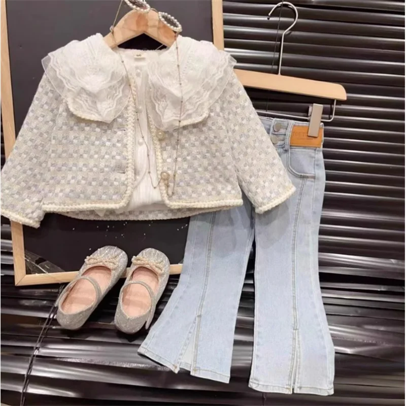 

Stylish girls' coat, white shirt, denim bell-bottom pants three-piece set, new spring and autumn outfit