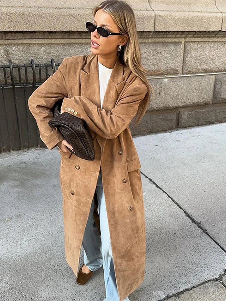Elegant Suede Leather Women Long Windbreaker Coats Chic Lapel