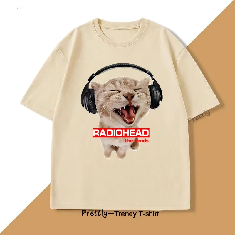 Vintage Cat with Headphones Radiohead T-shirt Cute Cat Rock T Shirt Men Women Cotton Short Sleeve Round Neck Tshirt Streetwear