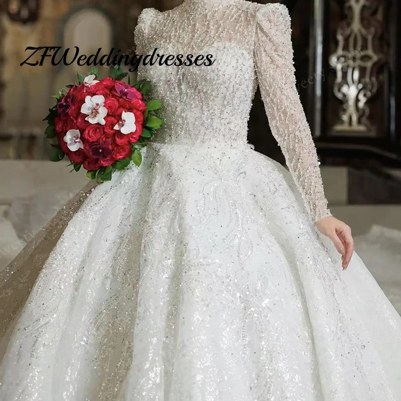 Customized Luxurious Wedding Dress High-Neck Organza With Embroidery Beading Gown Fullsleeve Bride Lace Up Vestido De Novia