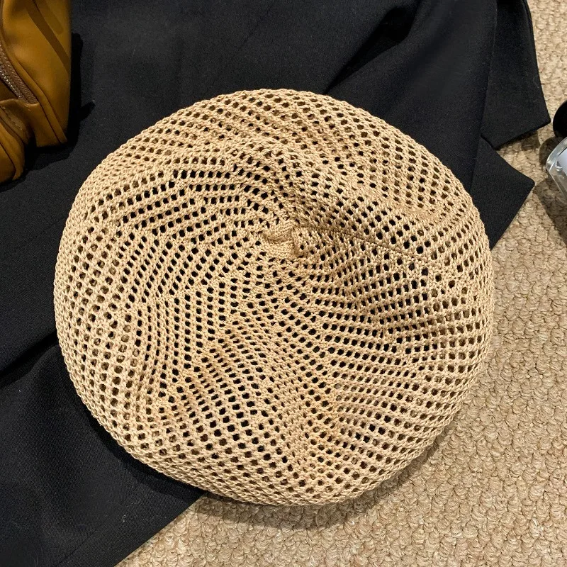 Koreanische schlichte, einfarbige, atmungsaktive Strickmütze für Damen – dünne Sommer-Baskenmütze im modischen, literarischen und künstlerischen Stil – Detail 5