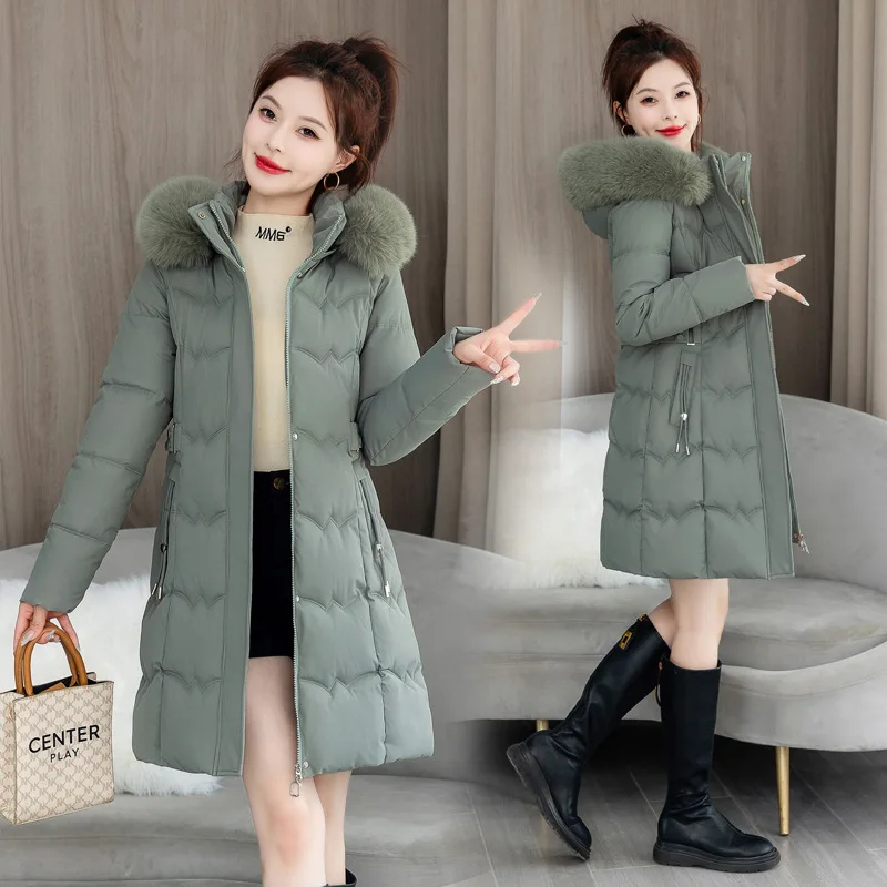 Hooded Parkas Coats Women Mid Lenth Jackets Solid Zipper Pocket Cinched Waist Drawstring Long Sleeves Thick Casual 2025 Winter