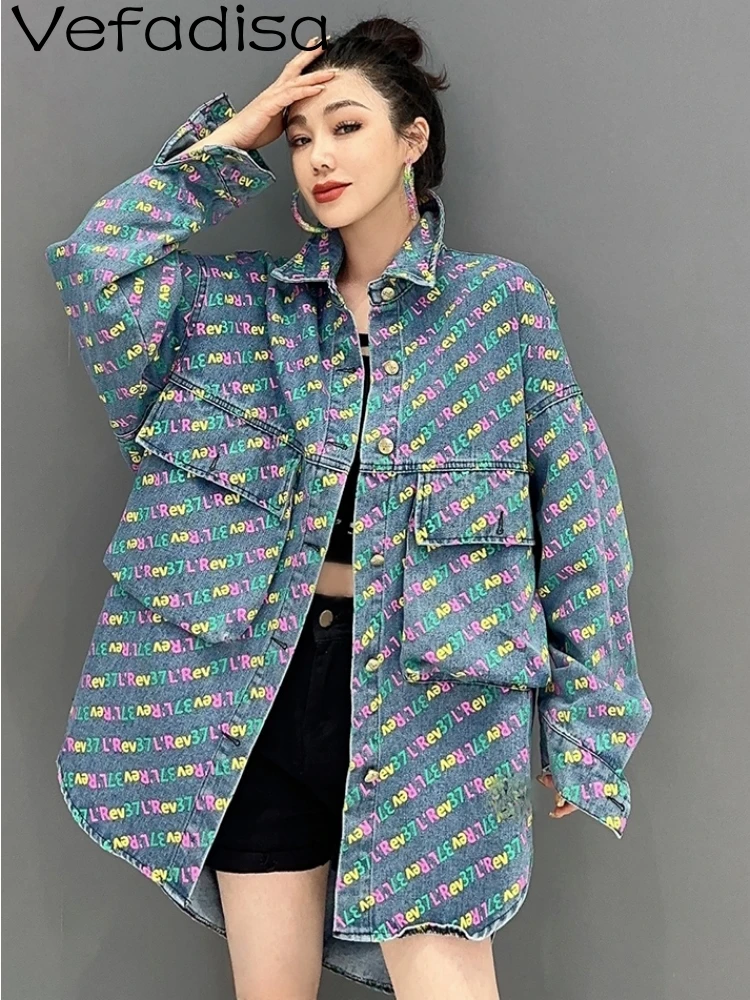 Vefadisa 2024 Autumn New Blue Women Letter Printed Denim Jacket Turn-down Collar Long Sleeve Fashion All-match Coat ZXY772A