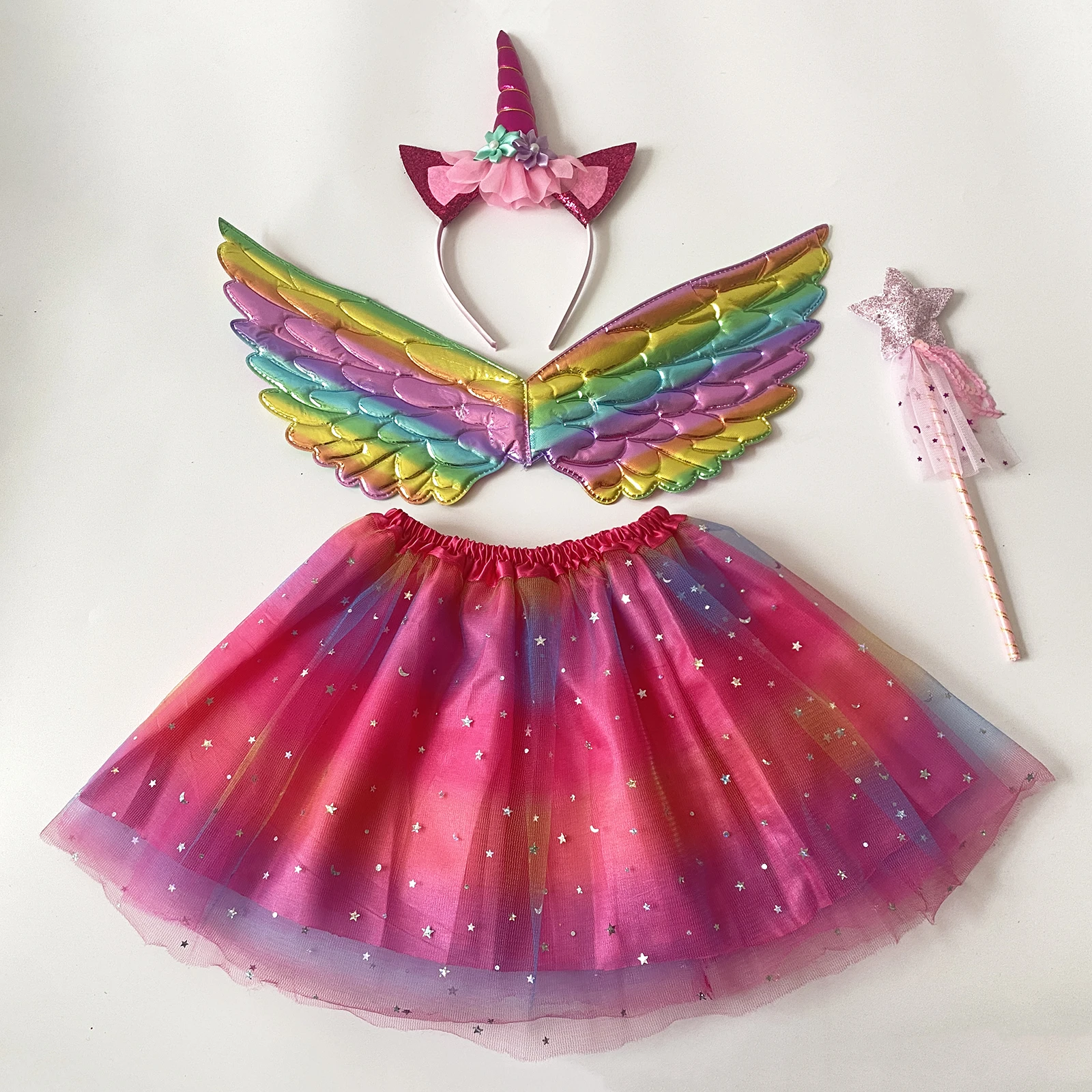여자 공주 유니온 머리띠 날개 스타 마법 지팡이 튜튜 스커트 4개/세트, 안감이 있는 스커트, 파티 댄스 코스프레 의상용