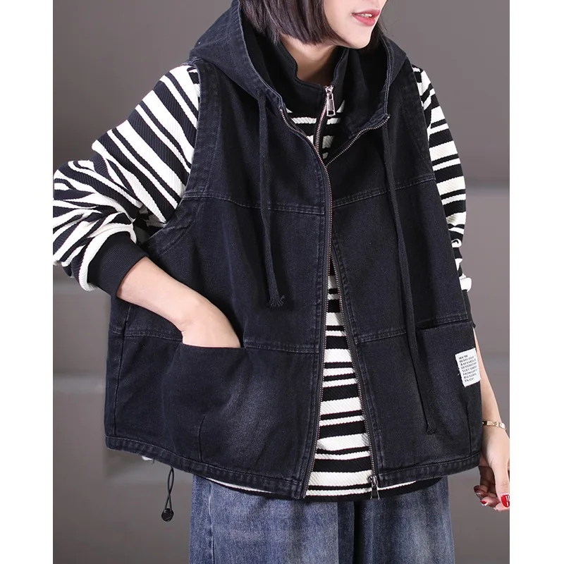 

Loose Large Size Artistic Hooded Denim Vest Women's Faion Dstring ket Label Japanese Sle Cotton Lined Zipper Closure