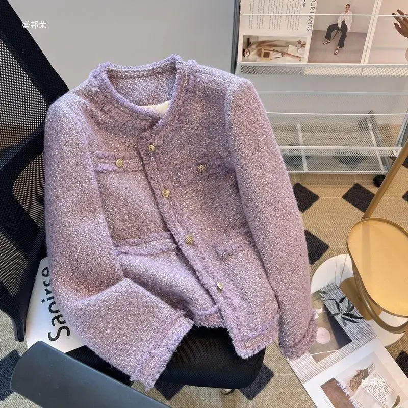 Purple Tweed Jacket Women Vintage O-Neck Metal Single Breasted Cropped Coat Korean Style Elegant Patch Designs Jackets for Women