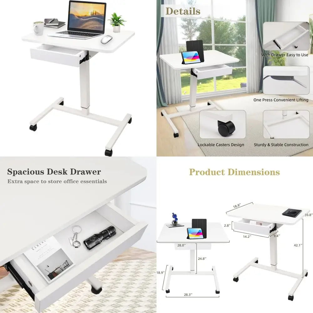 

Height-Adjustable Mobile Laptop Desk with Lockable Wheels and Drawer, Ideal for Teachers and Office Use