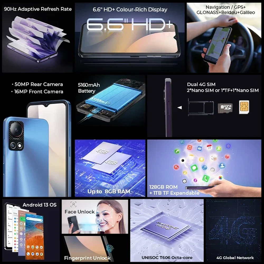 NEW HOTWAV Note 13 4G Smartphone Android 13 6.6 “ HD+ 90Hz T606 Octa-Core 4GB+128GB Mobile Phone 50MP AI Camera 5160mAh Battery