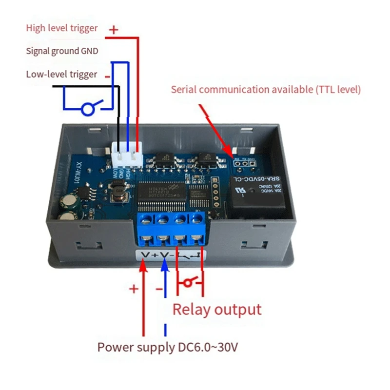 รีเลย์ควบคุมเวลาแบบดิจิตอล DC 6-30V, โมดูลไฟ LED รีเลย์ตั้งเวลาได้สวิตช์ควบคุมรีเลย์วงจรทริกเกอร์พร้อมเคส