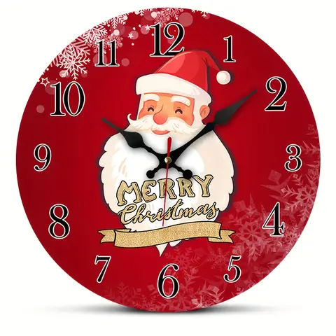 นาฬิกาแขวนผนังไม้เงียบ - ดีไซน์ซานต้าคริสต์มาส นาฬิกาตกแต่งทรงกลมแบบไม่มีเสียงสำหรับห้องนั่งเล่น ห้องนอน สำนักงาน ห้องครัว