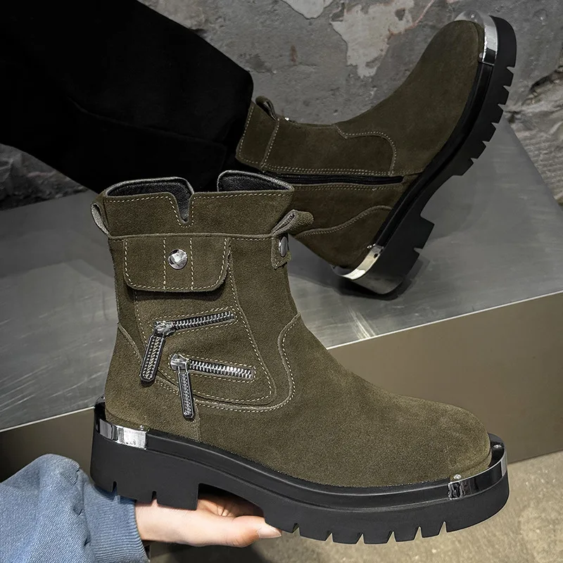 

2026 Fashion Men Boots Trend Metal Decoration Casual Shoes Punk Style Motorcycle Boots Comfortable Suede Leather Work Boots