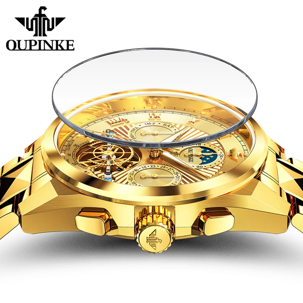OUPINKE 3322 Mechanical Movement Watch Stainless Steel Strap Calendar Window Night Light Function 50m Waterproof Watch For Men