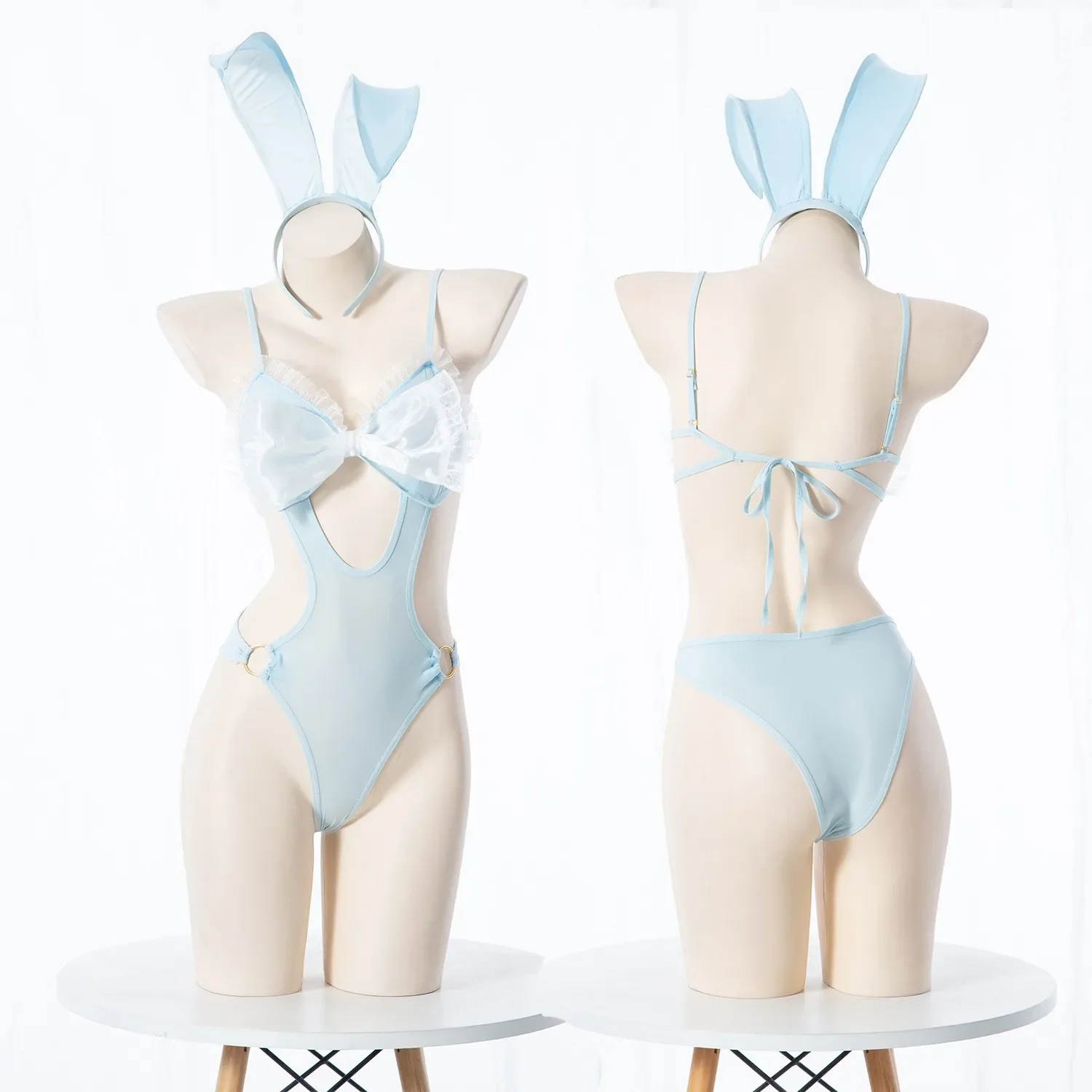 Recién llegado, traje de baño Cosplay para mujer, dulce y Sexy Kawaii, 2 uds., lencería de encaje de mariposa, conjunto de mono de conejo