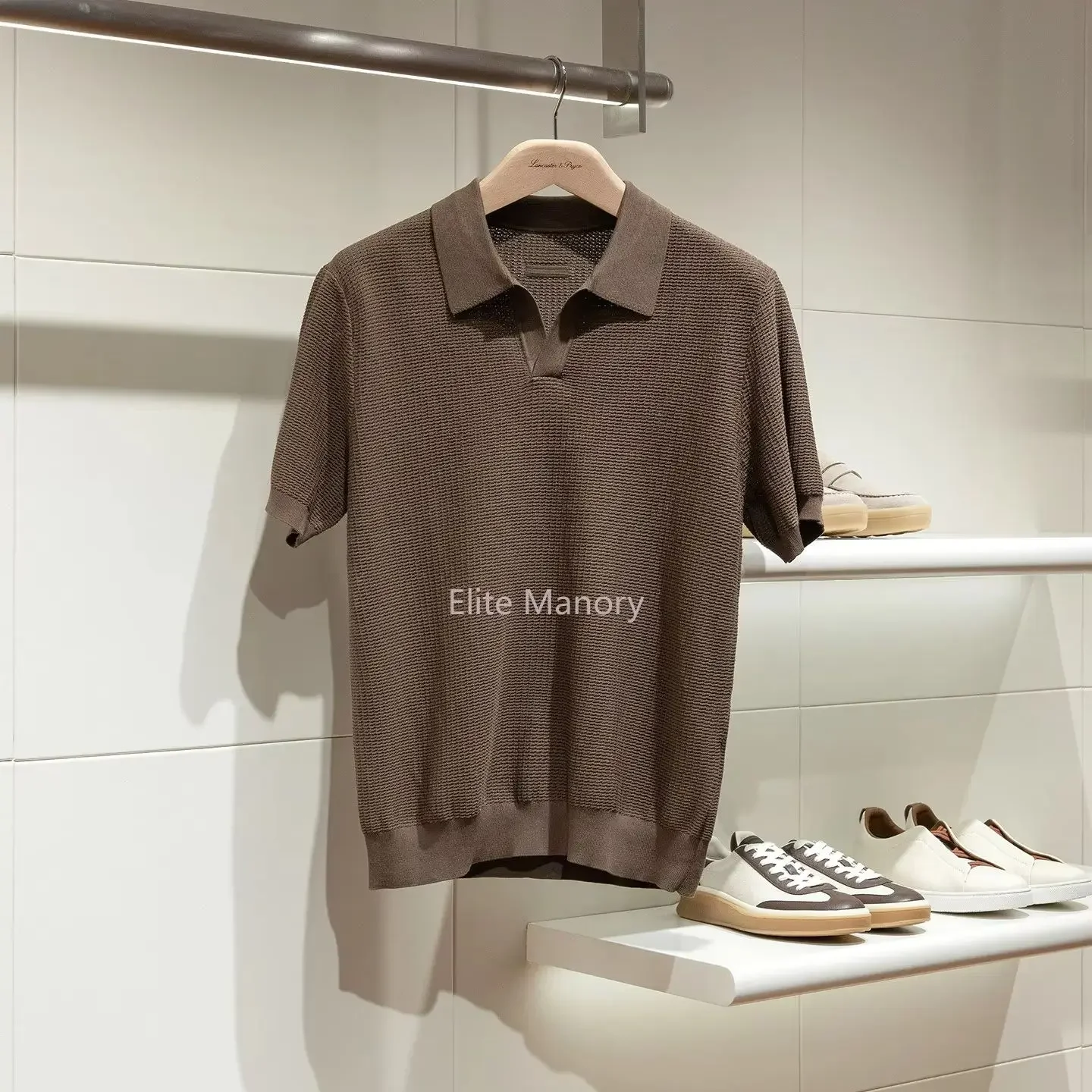 Custom-woven waffle cotton mulberry silk blend, old money wind seagull neck POLO shirt