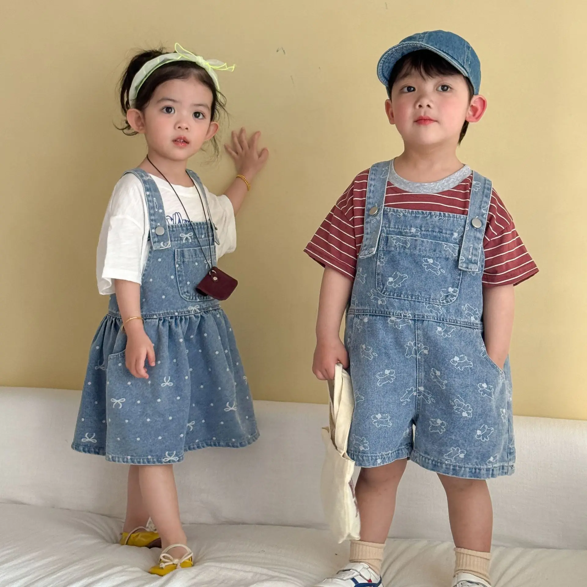 2026 Summer New Children Denim Overalls Boys Strap Jeans Shorts Girls Sling Dress Cute Kids Brother Sister Outfits Baby Clothes view 5
