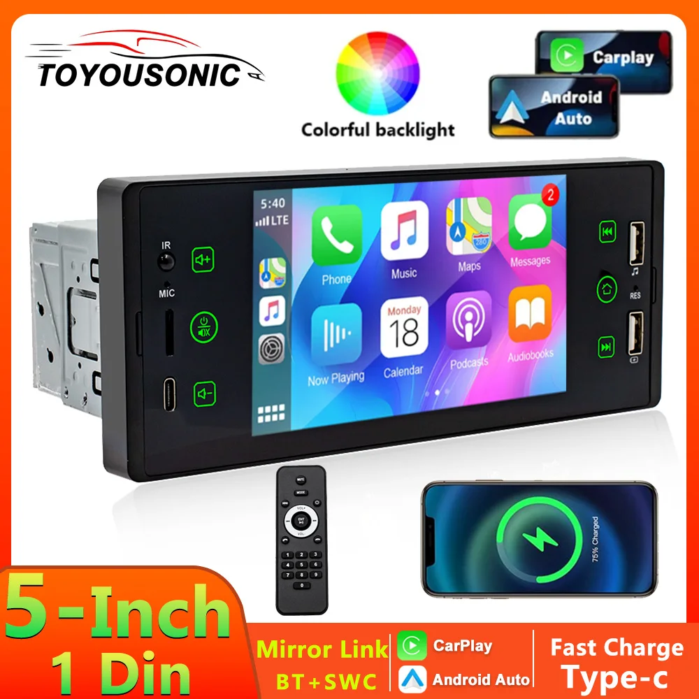 

TOYOUSONIC Wired carplay Android Auto 1 Din 5.1 Inch Car Radio MP5 Multimedia Video Player Bluetooth FM Audio Stereo Autoradio