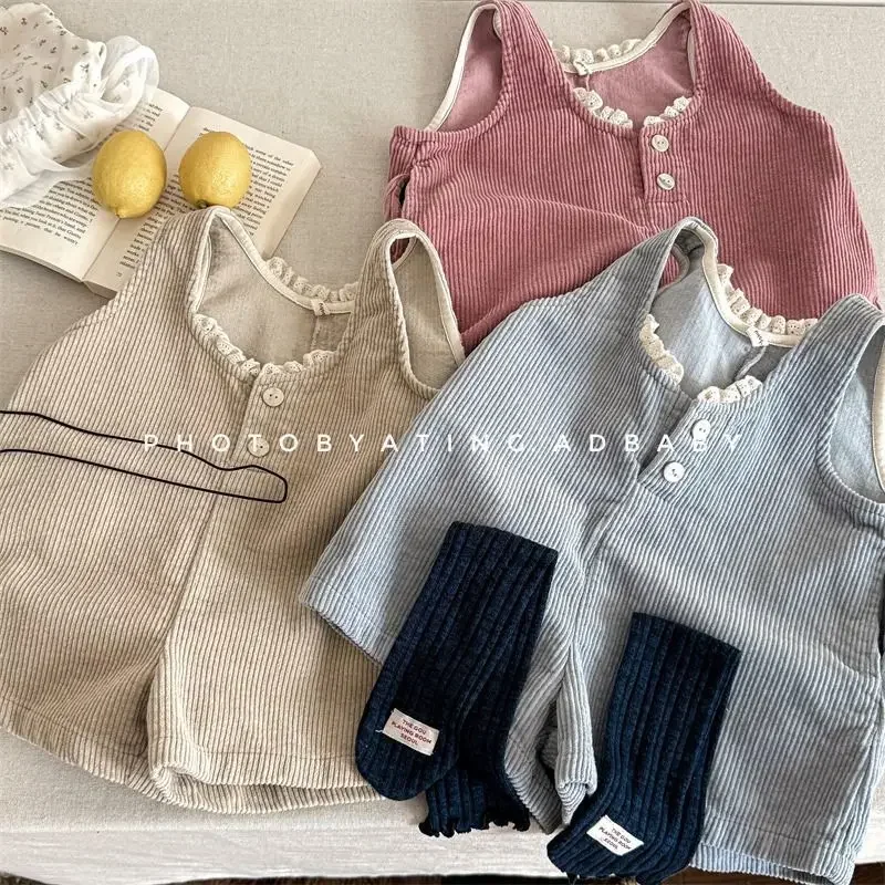 

Весенний детский комбинезон для девочек от 1 до 6 лет, корейский вельветовый комбинезон для маленьких девочек, кружевные штаны без рукавов для маленьких девочек, подтяжки длиной до колена