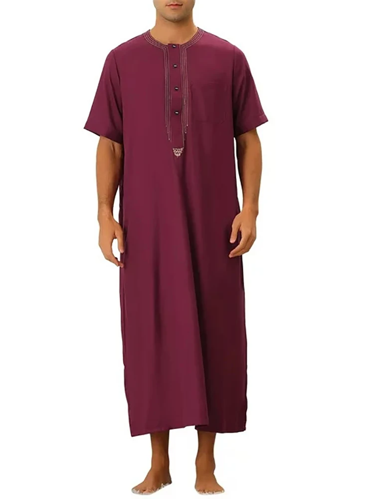 Muslim Men\'s Short Sleeved Arabic Robes Dubai Turkey Islamic Daily Casual Clothing Summer Fashionable Loose Arab Wine Red Abayas