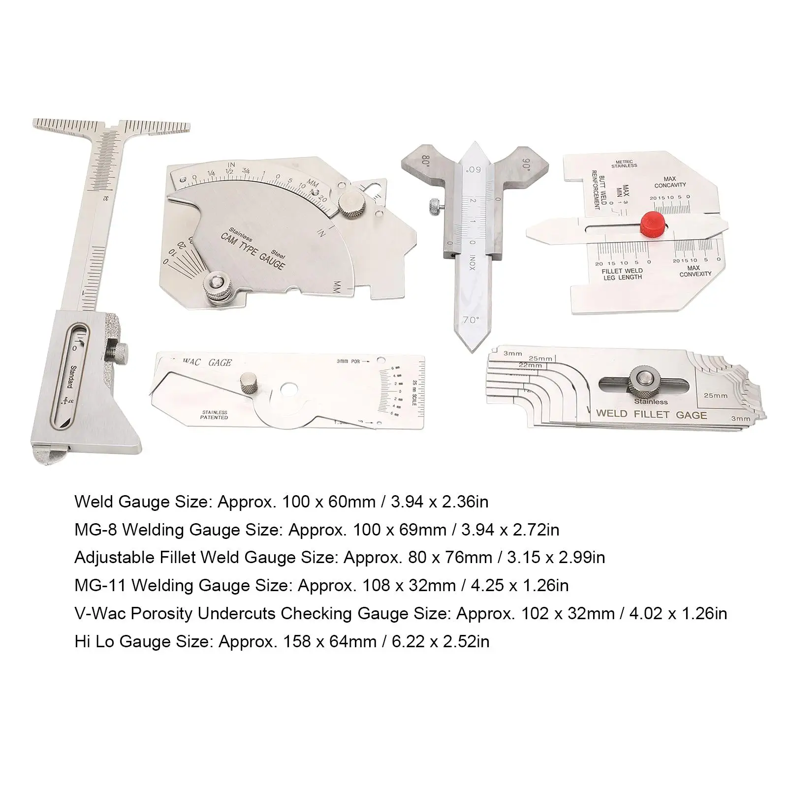 6Pcs Weld Gauge Set for Fillet, Hi-Lo, Porosity & Undercut Measurement Tools - Angle Checkers