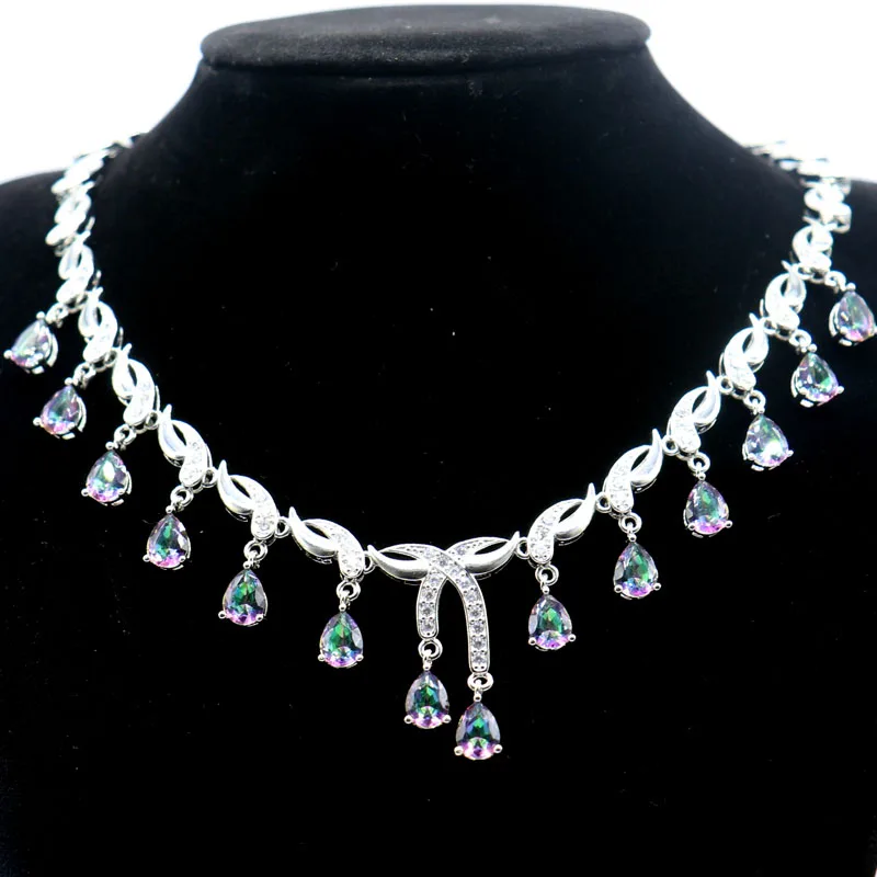 30x22mm Prevent Allergy 33.6g Fire Rainbow Mystic Topaz White CZ Ladies Wedding Silver Necklace 18-18.5inch