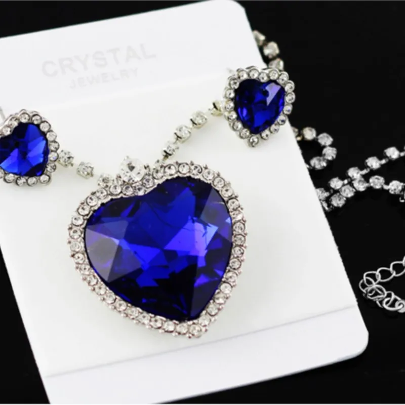 BLUE heart Pendant Crystal shine rhinestones Necklace Earring Jewelry set charm lover girl classic dropshipping quality fashion