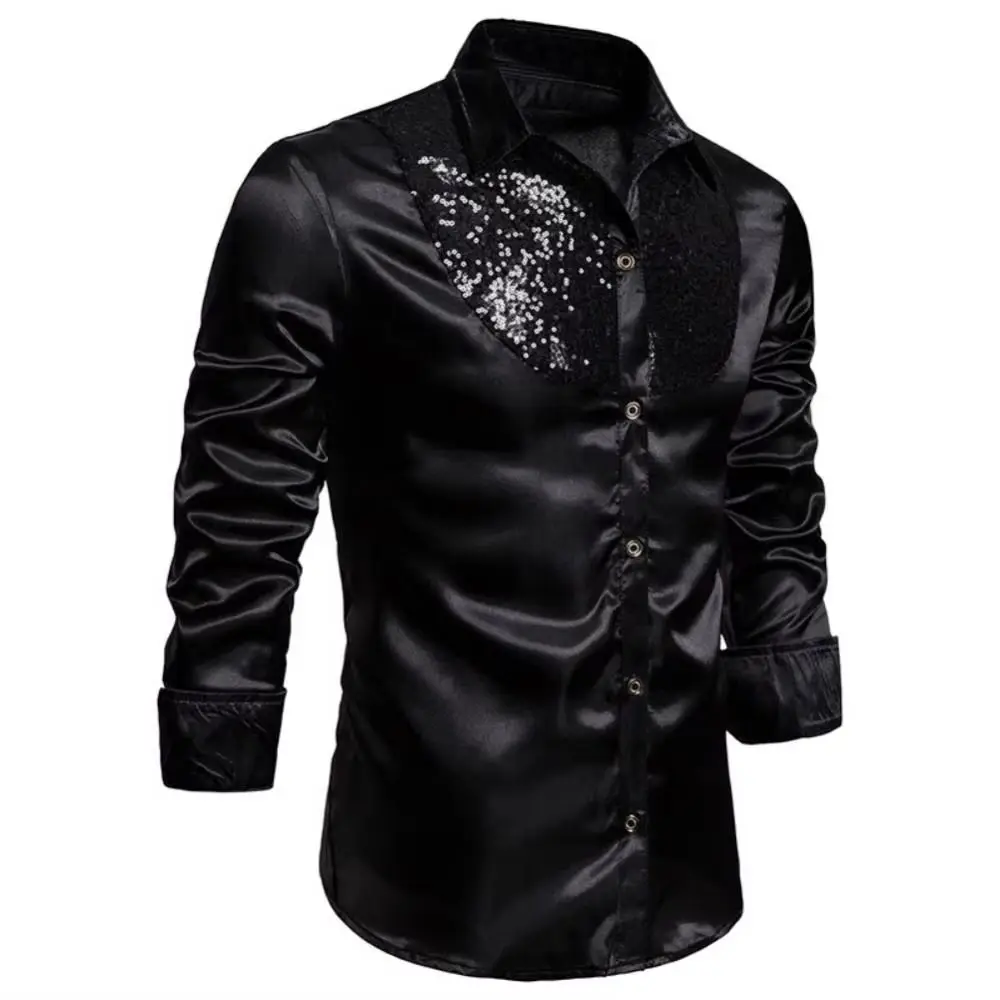 

Мужская рубашка с длинными рукавами и блестками для выступлений в ночном клубе, модная рубашка, топ, деловое платье, однотонная шелковая гладкая рубашка