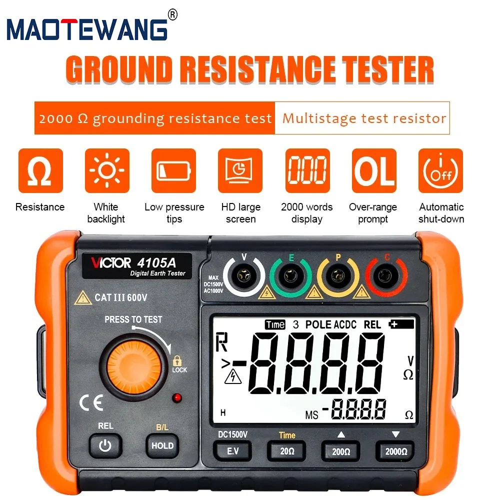 Digital Earth Resistance Tester 200V Mega Tester 2000Ω Earth Resistance Digital Megometer Voltage Meter Diagnostic Tools 4105A