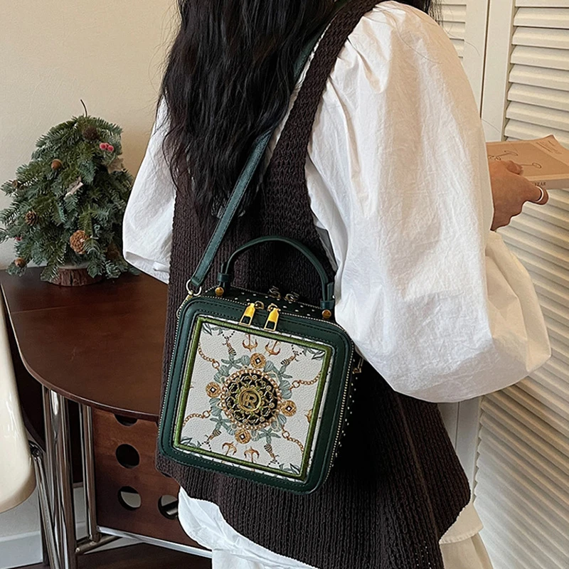 Exquisite bedruckte Umhängetasche, quadratische Damen-Box-Handtasche, Colorblock-Sling-Bag, Messenger-Tasche für den Arbeitsweg und zur Aufbewahrung von Kosmetika – Detail 7